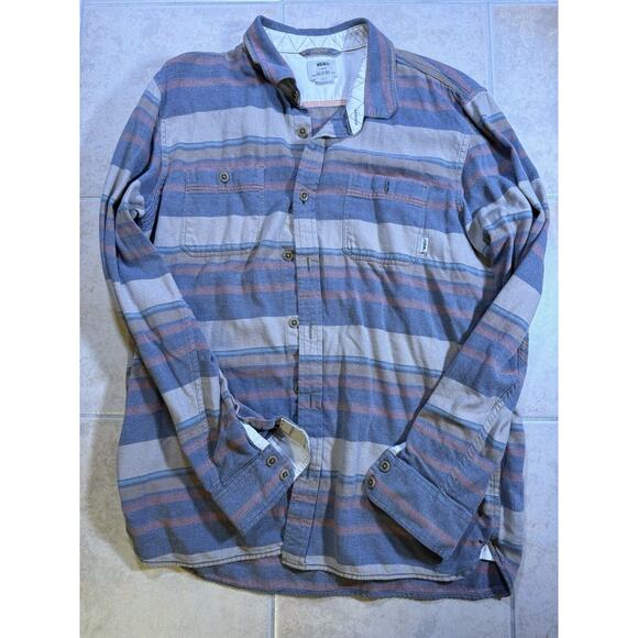 VANS Off The Wall Flannel Mens Large Button Shirt Long Sleeve Striped Grey‎ Blue - Picture 1 of 7